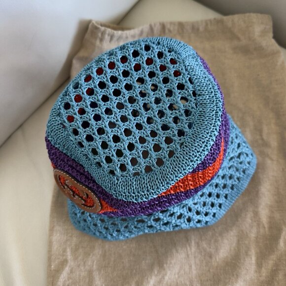 NWT GUCCI  Gg-Logo Striped Faux-Raffia Hat $750 SZ S Bucket Purple Blue Red - Picture 7 of 10